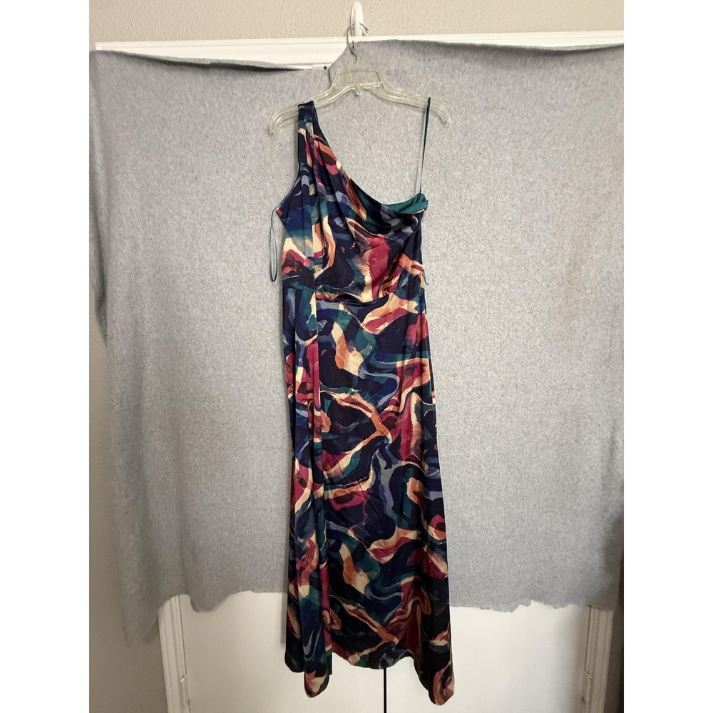 Nicole Miller New York Dress Womens 14 Multicolor Satin One Shoulder Slip Maxi